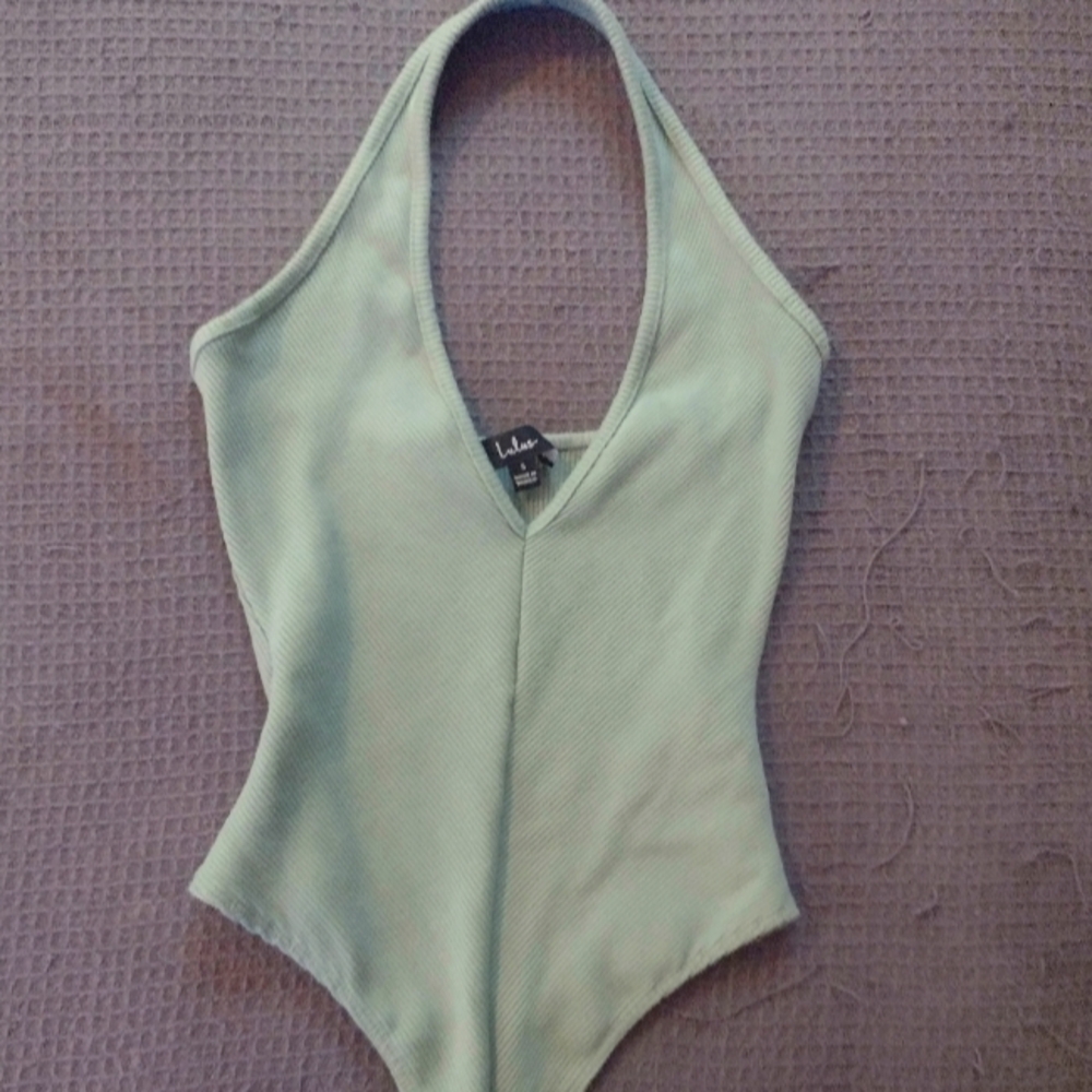 Lulu's Sage Green Ribbed Halter Bodysuit - Picture 3 of 6